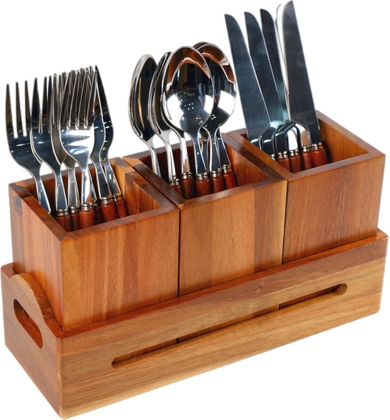 Utensil Caddy Silverware Cutlery Holder with 3 Compartment, Wooden Utensil Crock Flatware Organizers with Tray, Rustic Kitchen Utensil Organizers for Farmhouse Kitchen and Countertop-Acacia Wood
